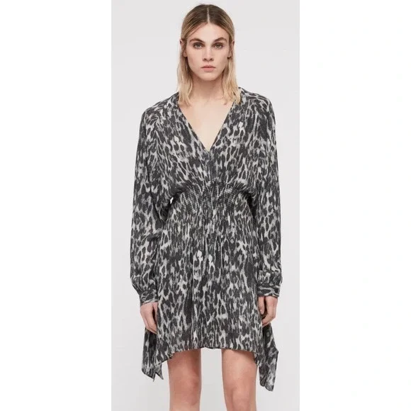 All Saints Nichola Leo Ash Dress Leopard Print Tunic Sz S Draped Boho Sheer